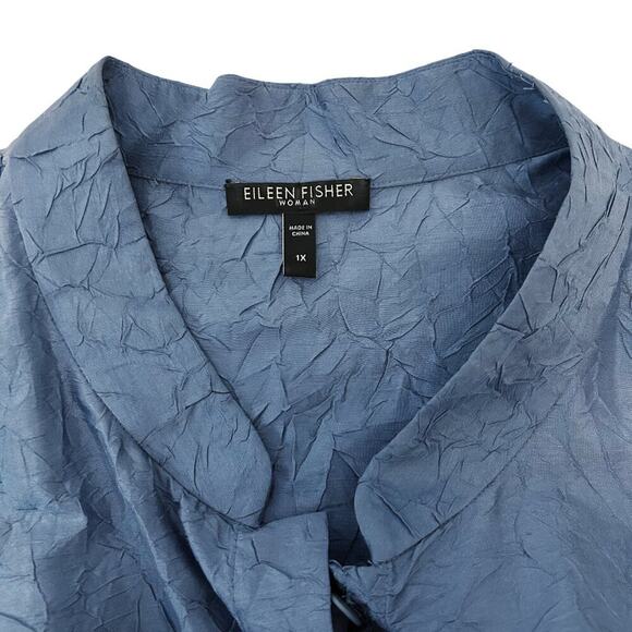 Eileen Fisher Woman Crinkled Silk Top Blue Mandarin Collar 3/4 Sleeve 1X - Picture 4 of 15